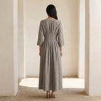 Beige Cotton-Linen Cinched Waist Flared Maxi Dress