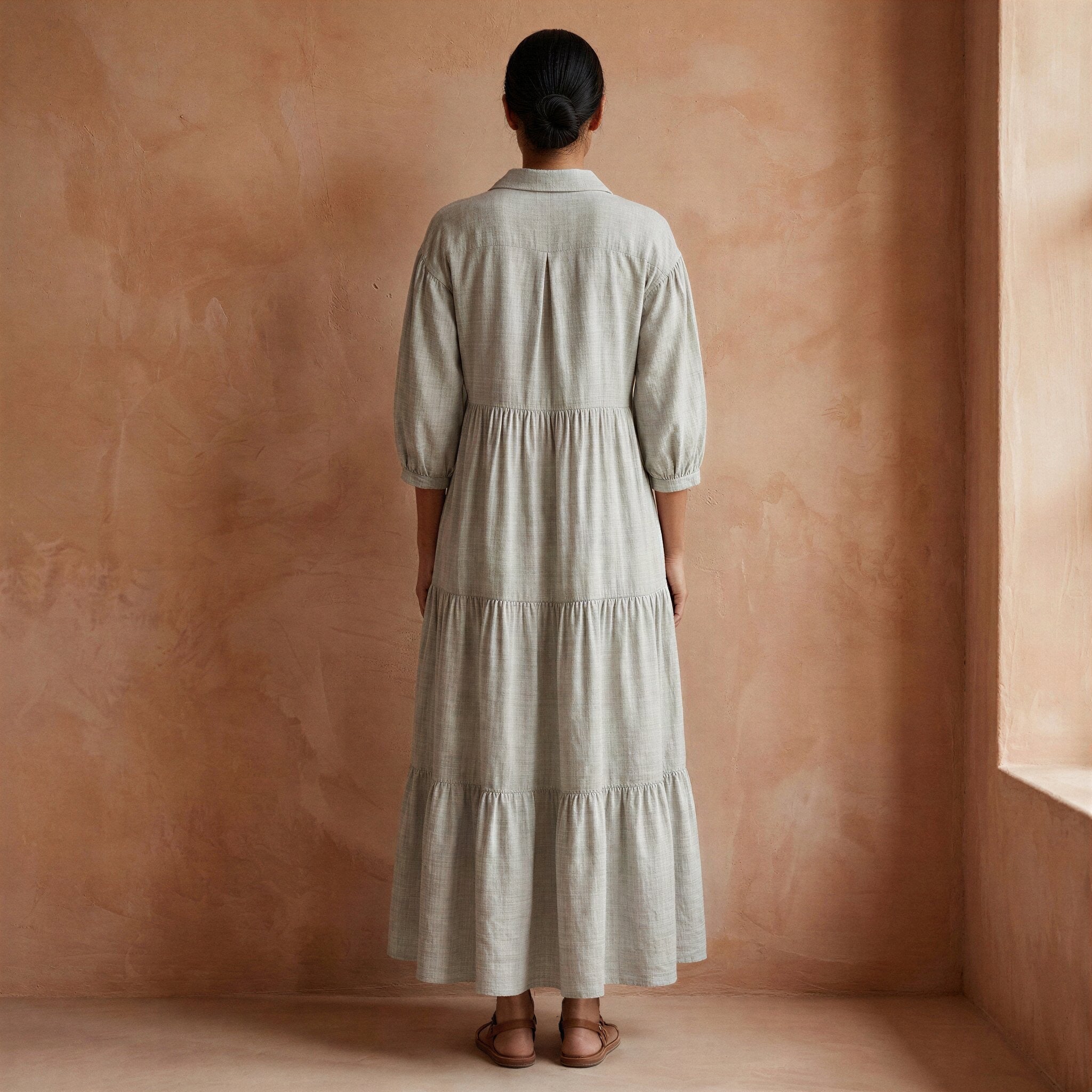Beige Cotton Linen Deep-V Maxi Tier Dress