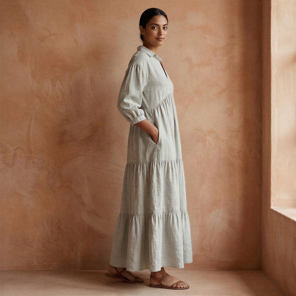 Beige Cotton Linen Deep-V Maxi Tier Dress
