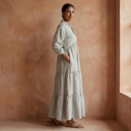 Beige Cotton Linen Deep-V Maxi Tier Dress