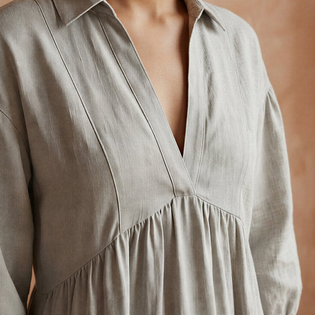Beige Cotton Linen Deep-V Maxi Tier Dress