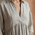 Beige Cotton Linen Deep-V Maxi Tier Dress
