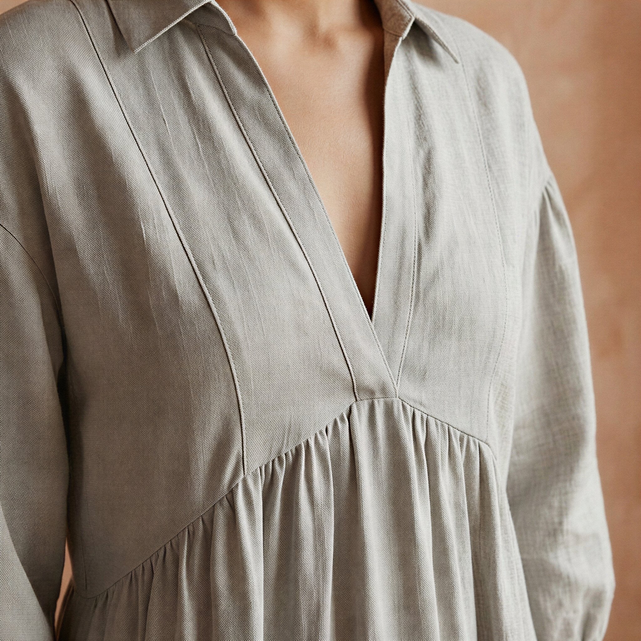 Beige Cotton Linen Deep-V Maxi Tier Dress