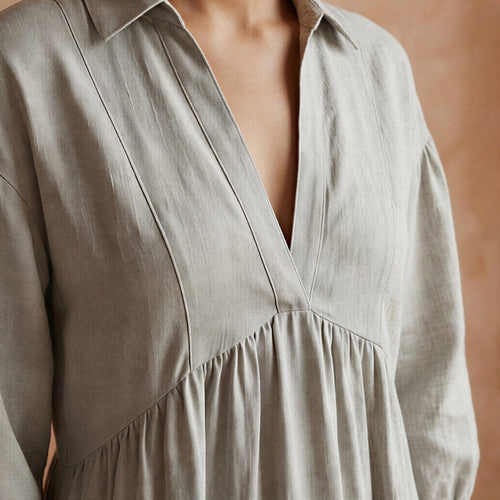 Beige Cotton Linen Deep-V Maxi Tier Dress