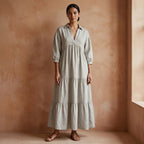 Beige Cotton Linen Deep-V Maxi Tier Dress