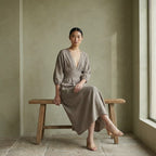 Beige Cotton-Linen Deep-V Neck Empire Waist Maxi Dress