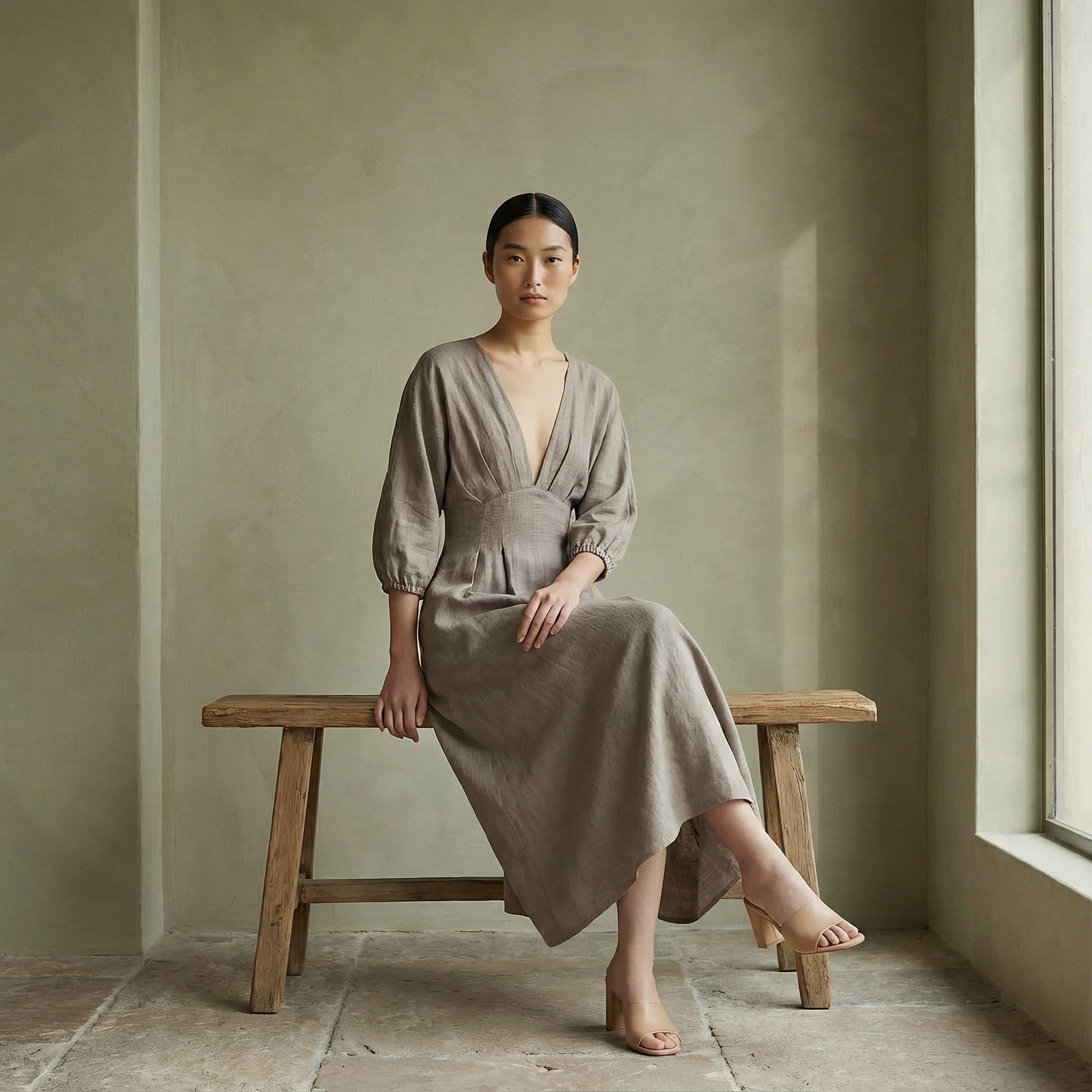 Beige Cotton-Linen Deep-V Neck Empire Waist Maxi Dress