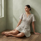 Beige Cotton Linen Elasticated Short Tier Dress