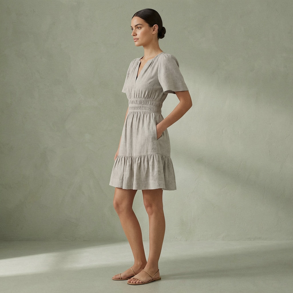 Beige Cotton Linen Elasticated Short Tier Dress