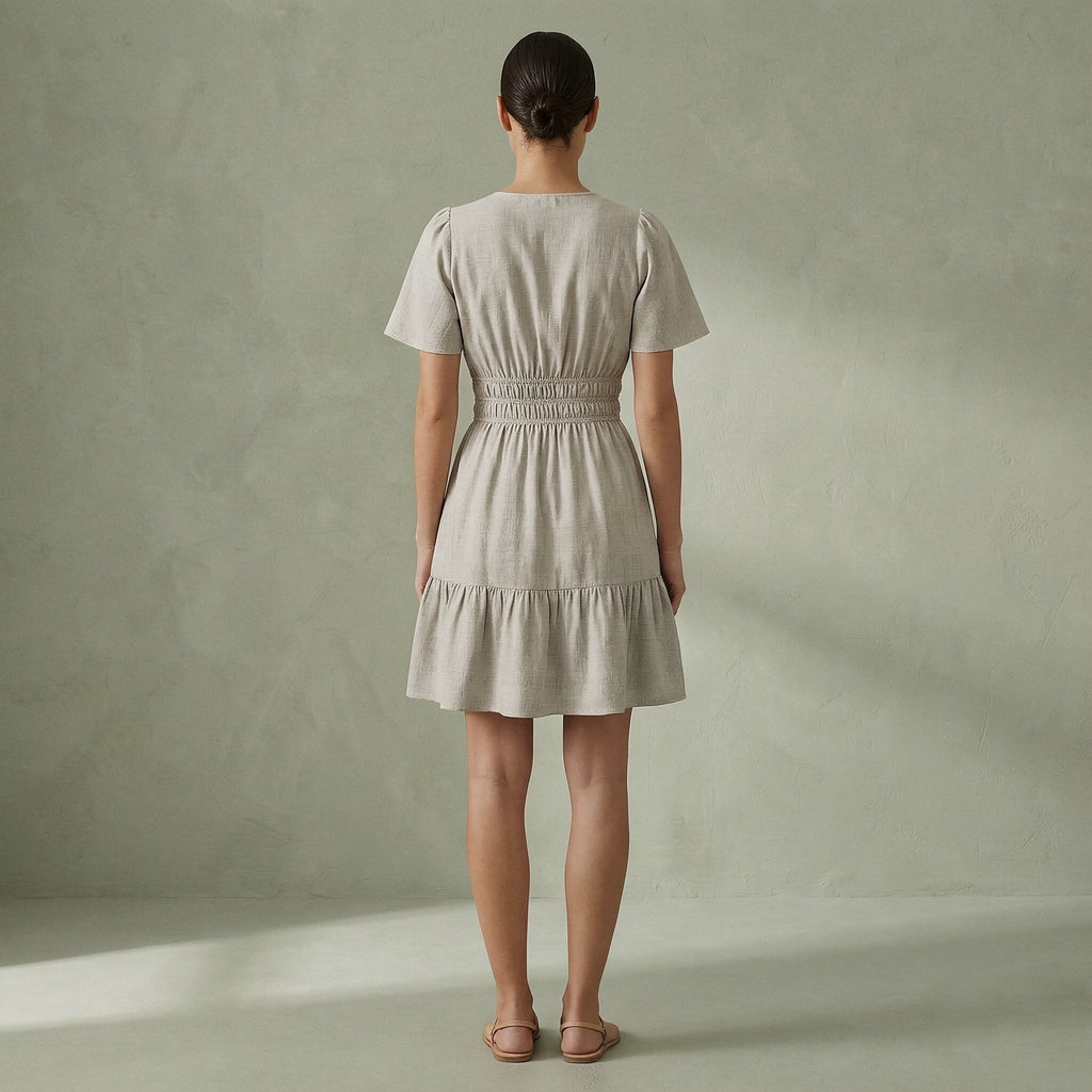 Beige Cotton Linen Elasticated Short Tier Dress