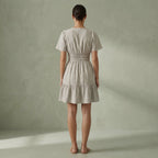 Beige Cotton Linen Elasticated Short Tier Dress