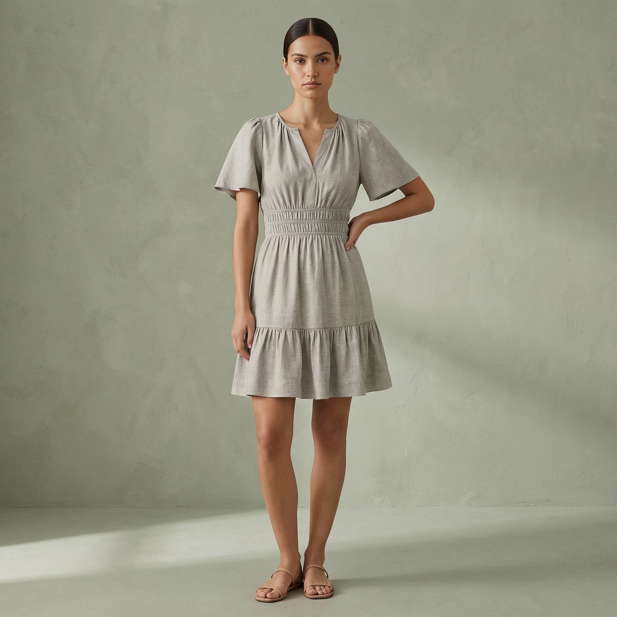 Beige Cotton Linen Elasticated Short Tier Dress