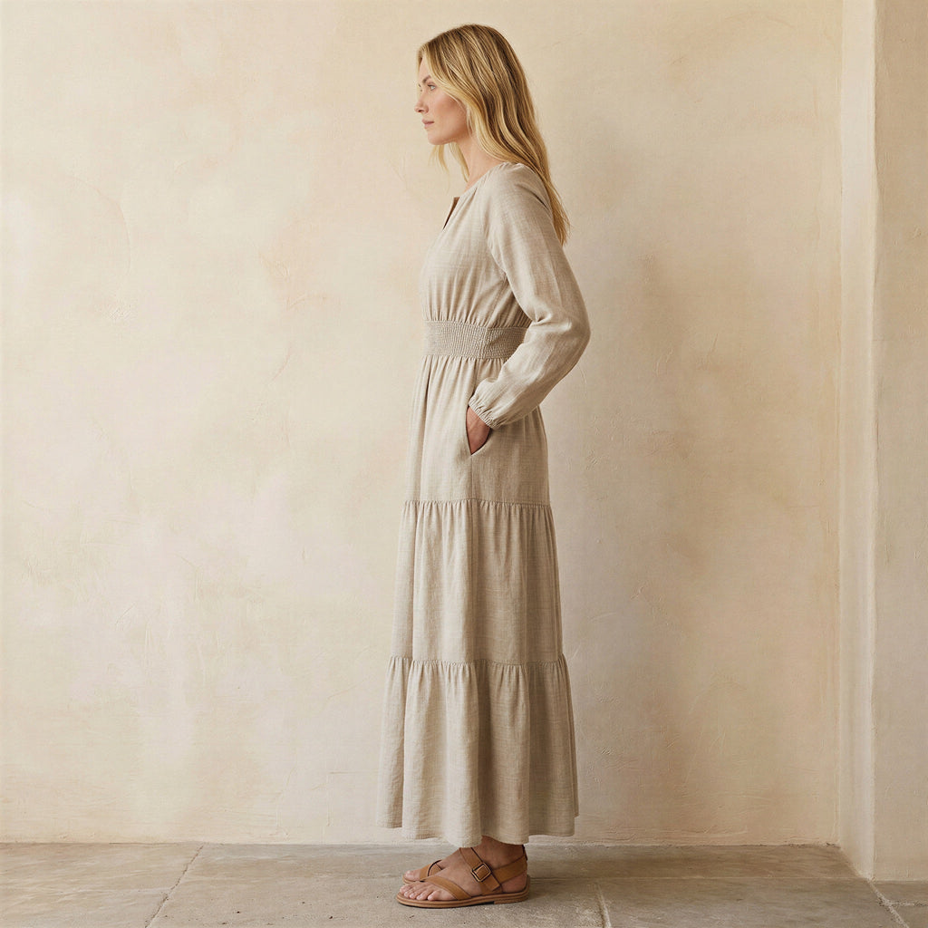 Beige Cotton Linen Fit and Flare Maxi Tier Dress