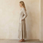 Beige Cotton Linen Fit and Flare Maxi Tier Dress