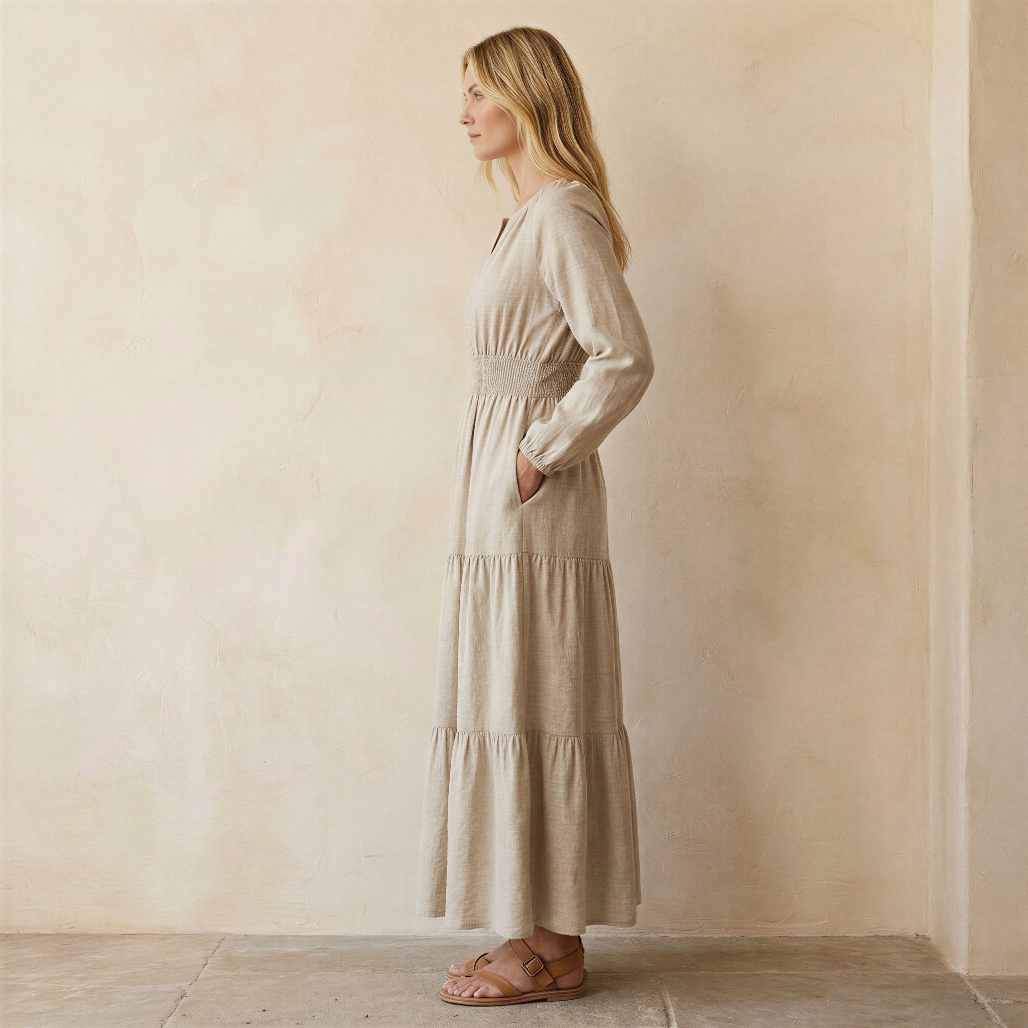 Beige Cotton Linen Fit and Flare Maxi Tier Dress
