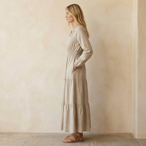 Beige Cotton Linen Fit and Flare Maxi Tier Dress