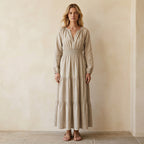 Beige Cotton Linen Fit and Flare Maxi Tier Dress