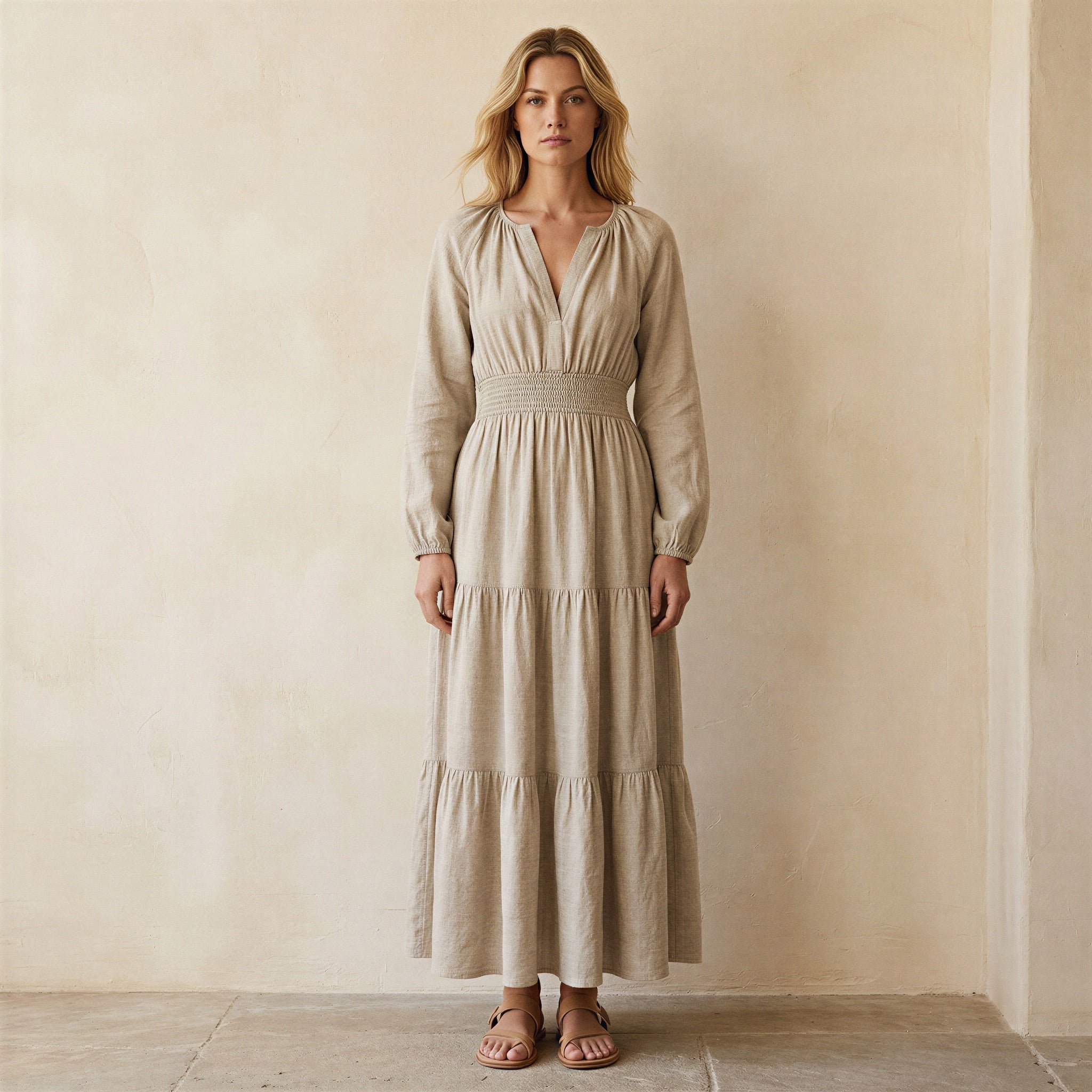 Beige Cotton Linen Fit and Flare Maxi Tier Dress