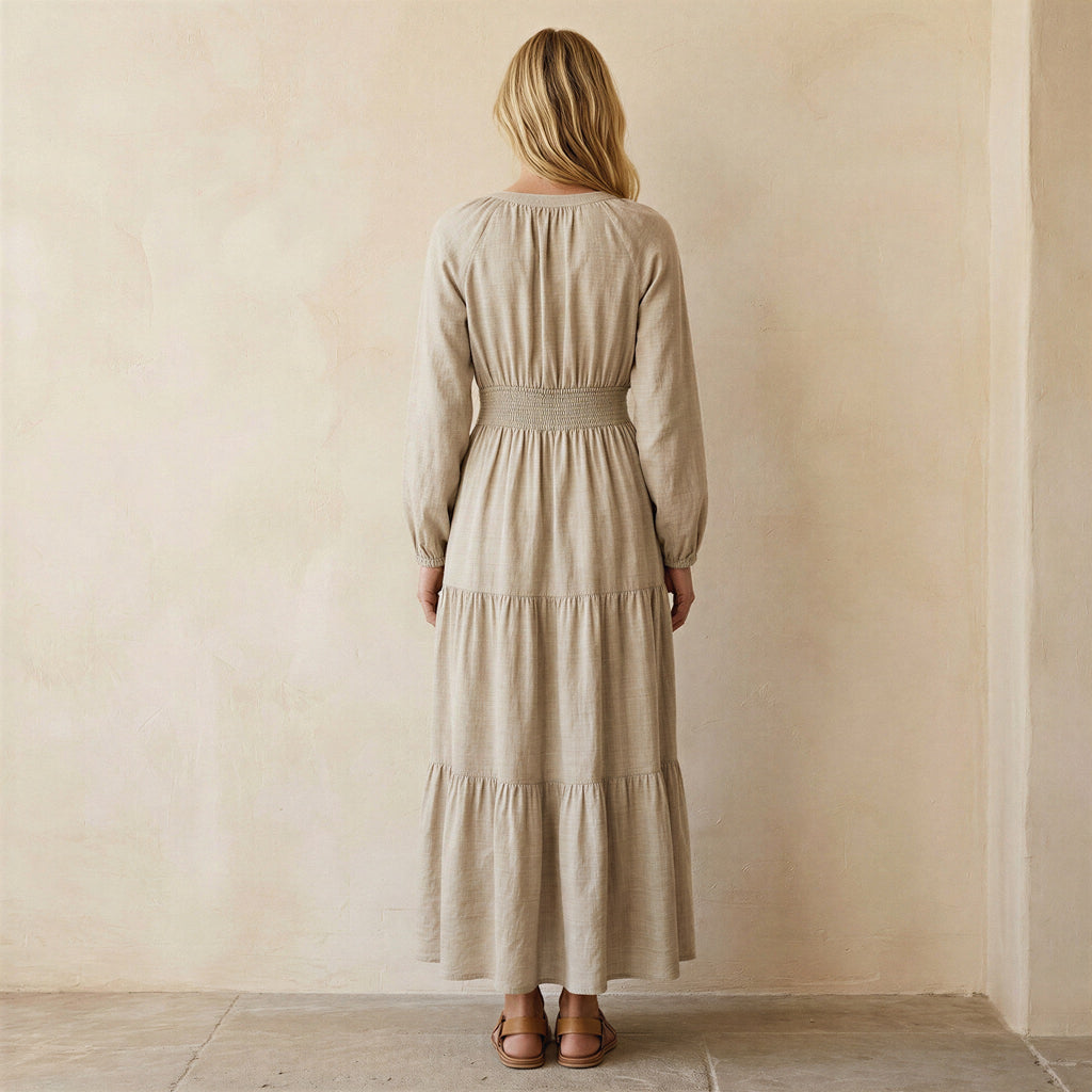 Beige Cotton Linen Fit and Flare Maxi Tier Dress