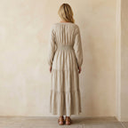Beige Cotton Linen Fit and Flare Maxi Tier Dress