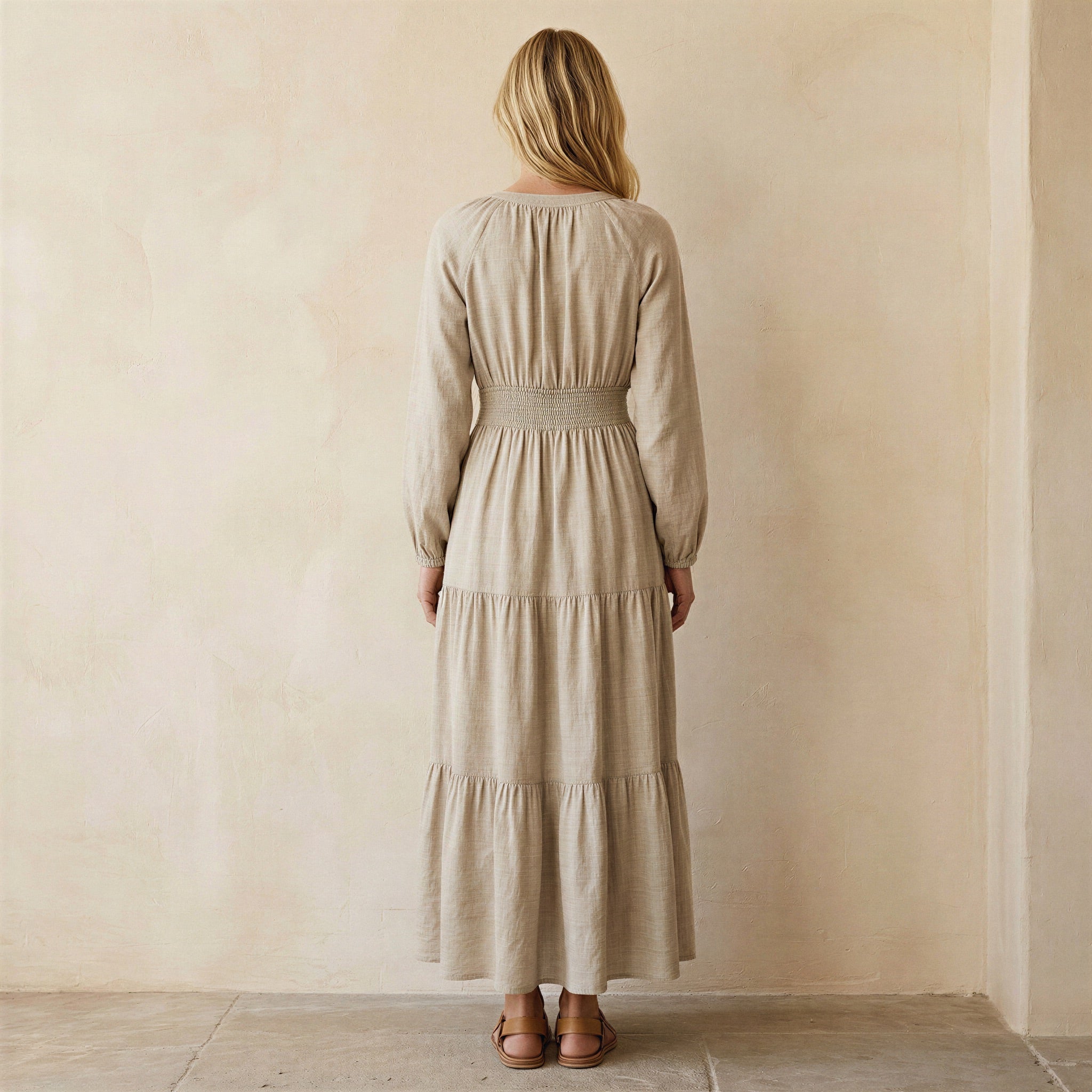 Beige Cotton Linen Fit and Flare Maxi Tier Dress