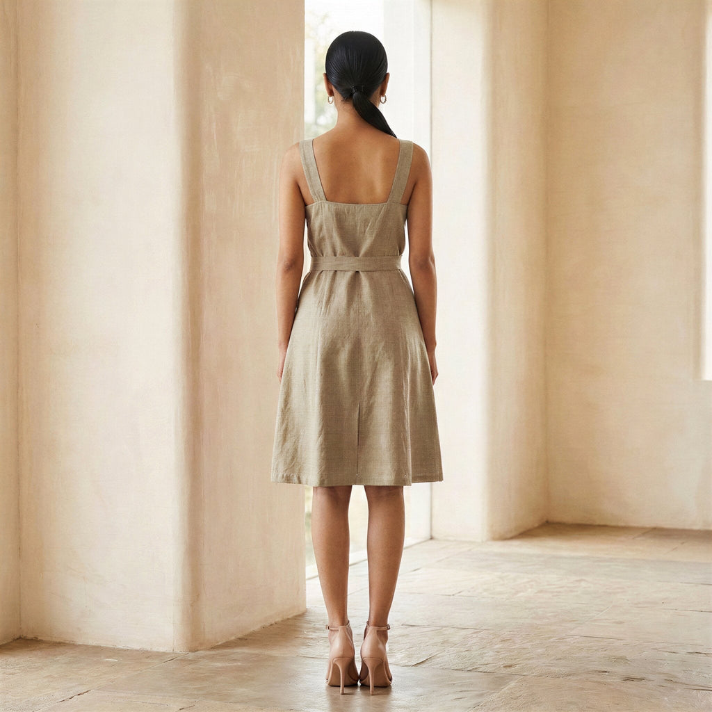 Beige Cotton Linen Knee Length Princess Line Dress
