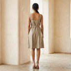 Beige Cotton Linen Knee Length Princess Line Dress