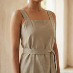 Beige Cotton Linen Knee Length Princess Line Dress