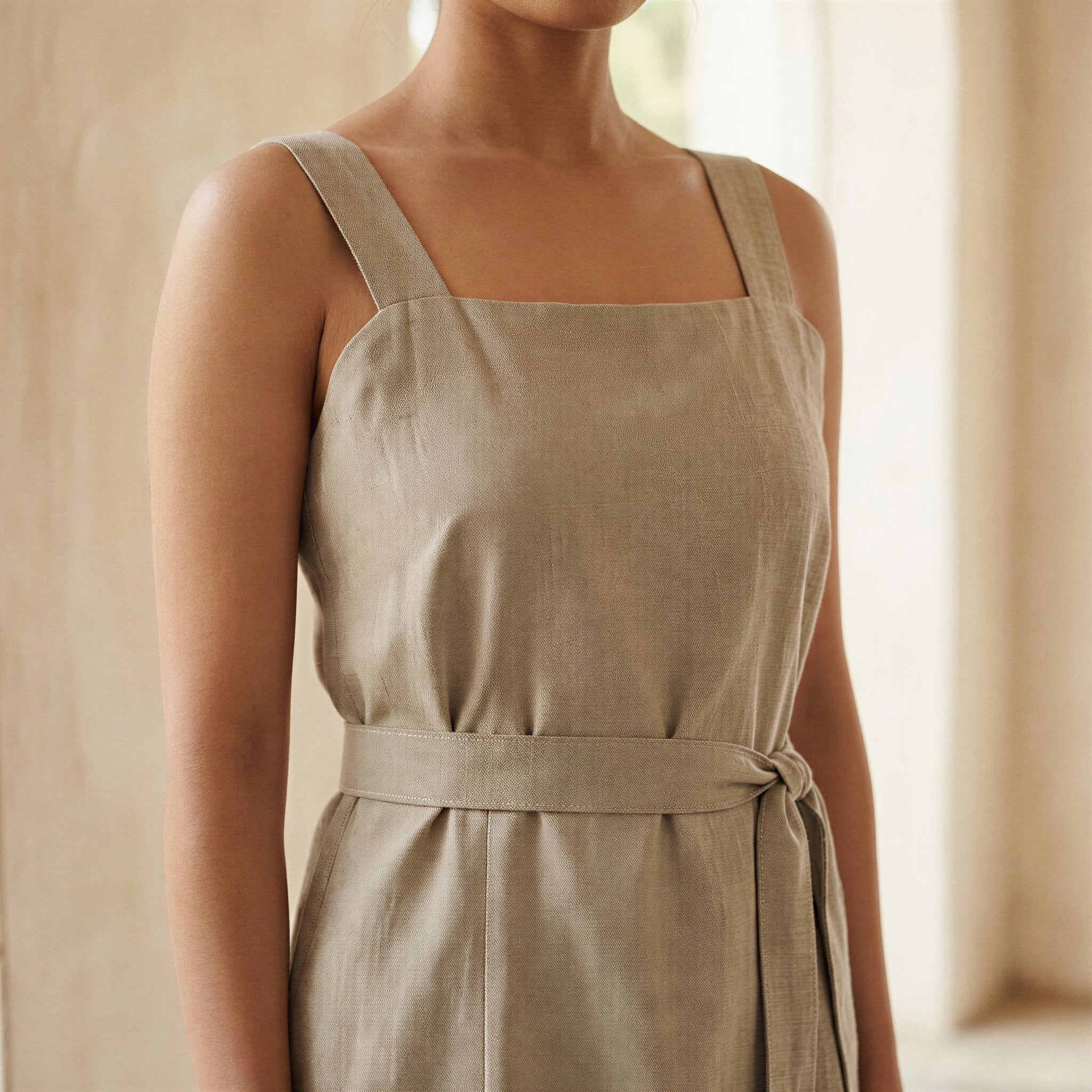 Beige Cotton Linen Knee Length Princess Line Dress