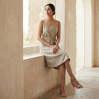 Beige Cotton Linen Knee Length Princess Line Dress