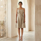 Beige Cotton Linen Knee Length Princess Line Dress