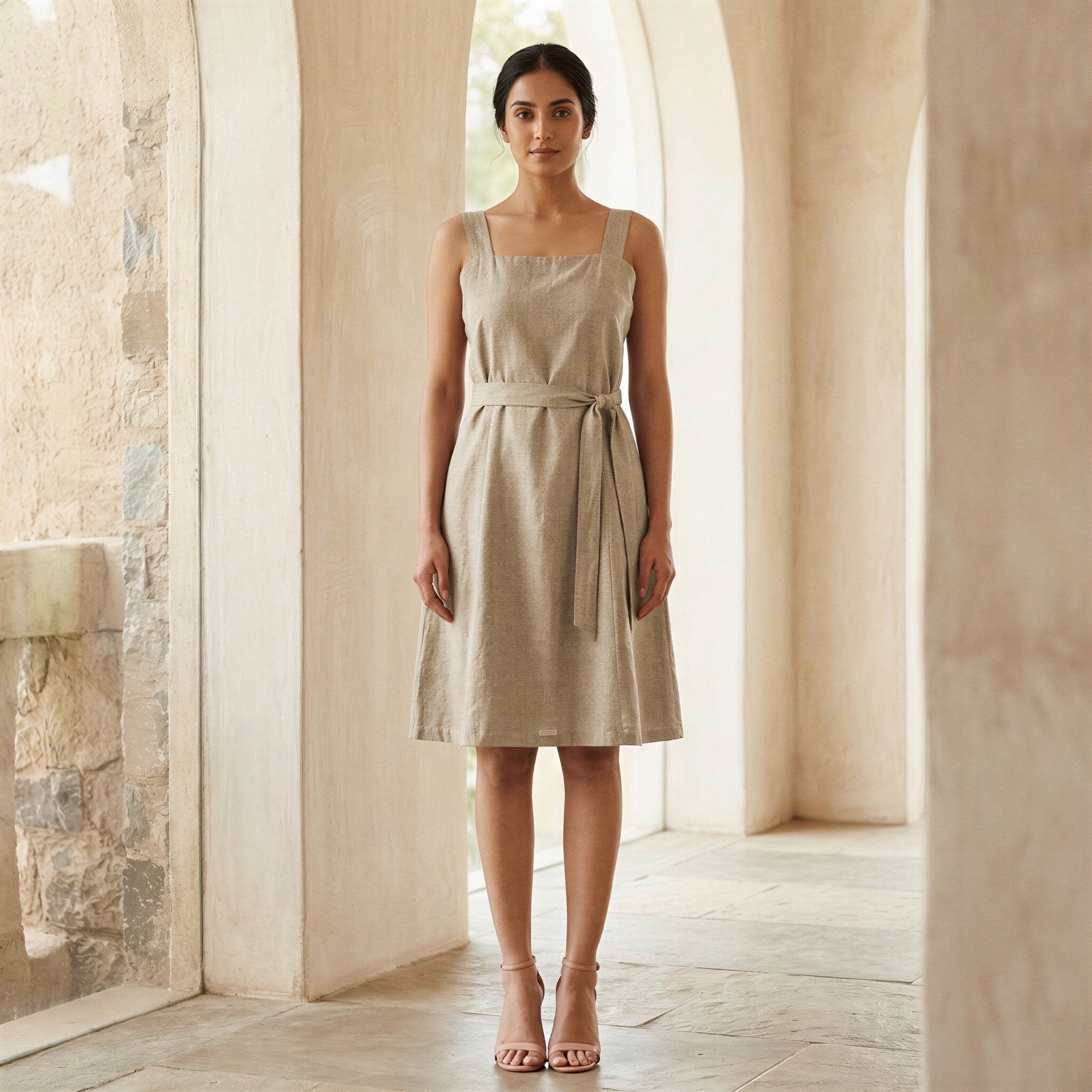 Beige Cotton Linen Knee Length Princess Line Dress