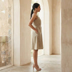 Beige Cotton Linen Knee Length Princess Line Dress