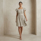 Beige Cotton Linen Open-Back Fit and Flare Knee Length Dress