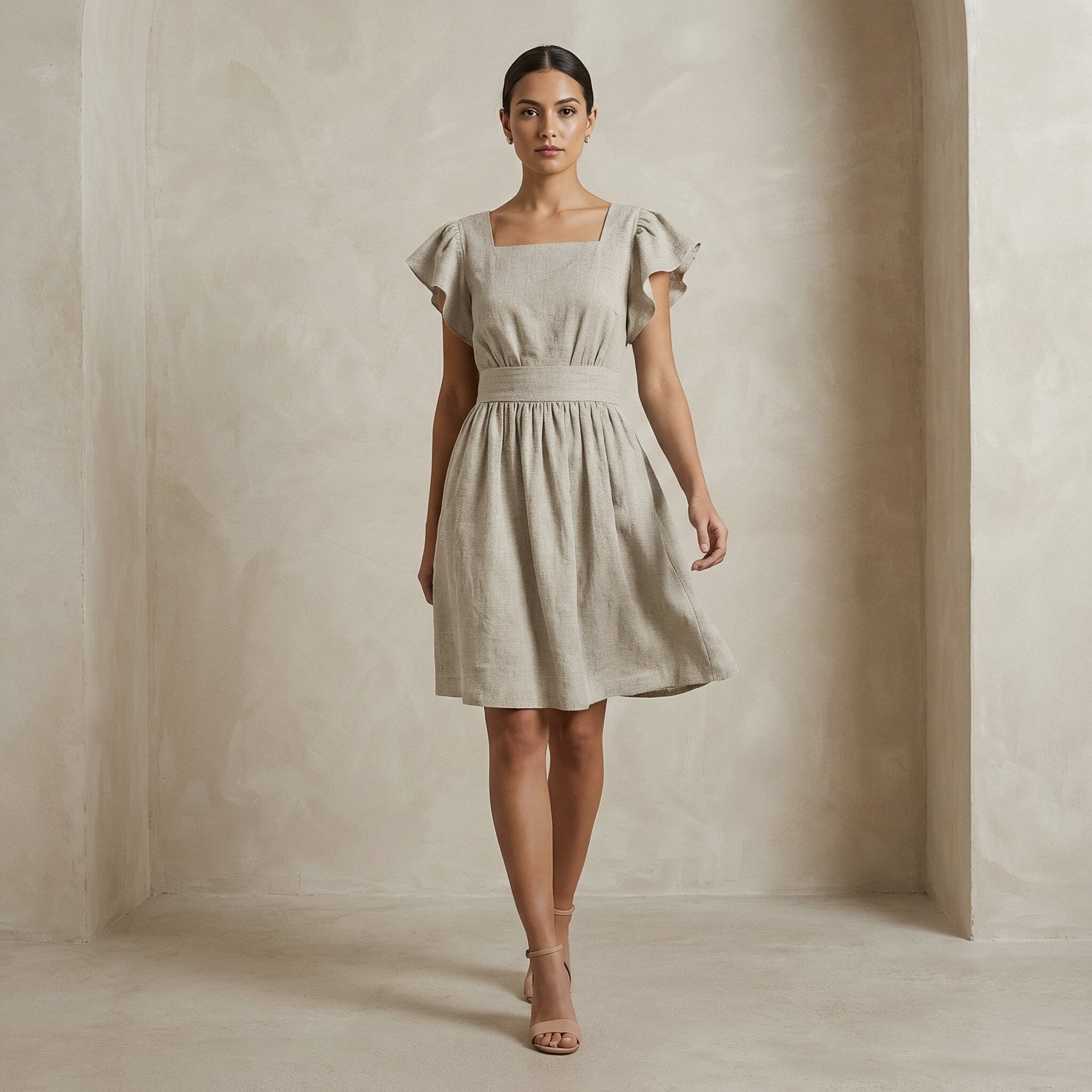 Beige Cotton Linen Open-Back Fit and Flare Knee Length Dress