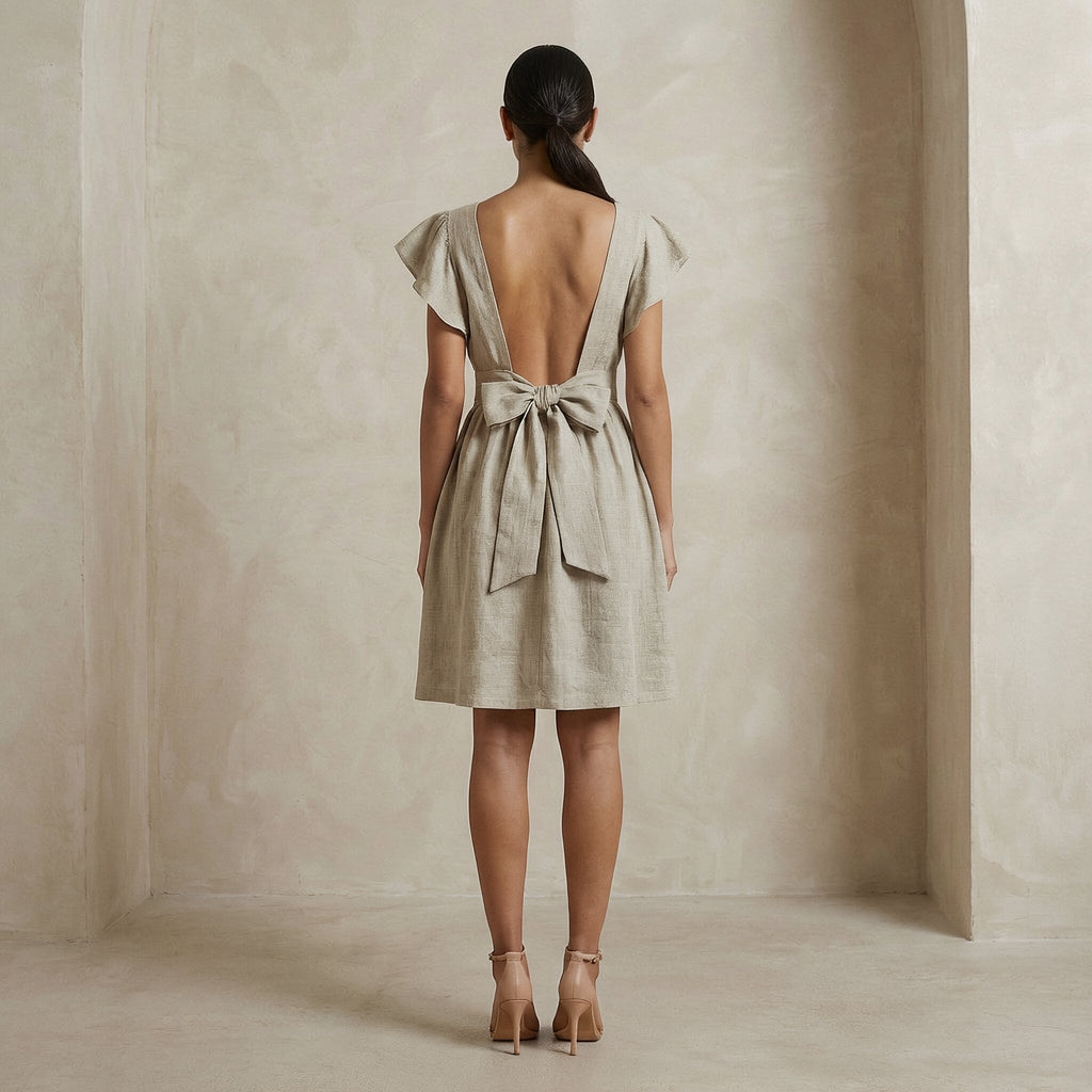 Beige Cotton Linen Open-Back Fit and Flare Knee Length Dress