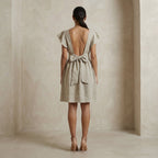 Beige Cotton Linen Open-Back Fit and Flare Knee Length Dress