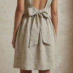 Beige Cotton Linen Open-Back Fit and Flare Knee Length Dress