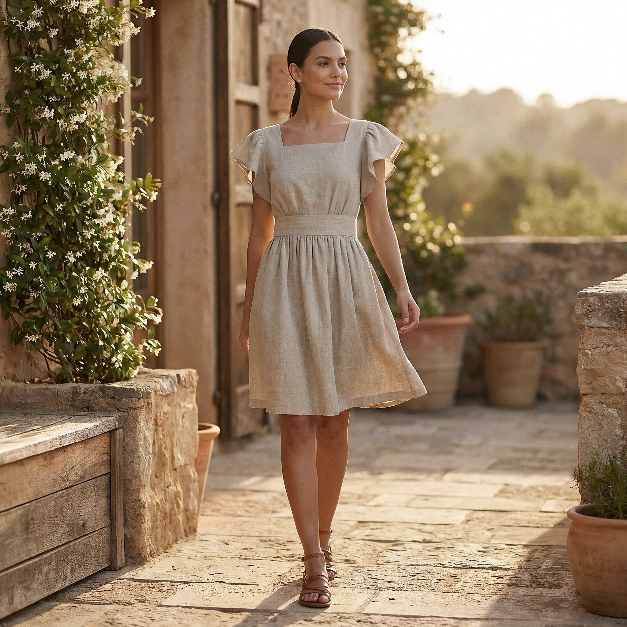Beige Cotton Linen Open-Back Fit and Flare Knee Length Dress