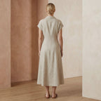 Beige Cotton Linen Paneled A-Line Midi Dress