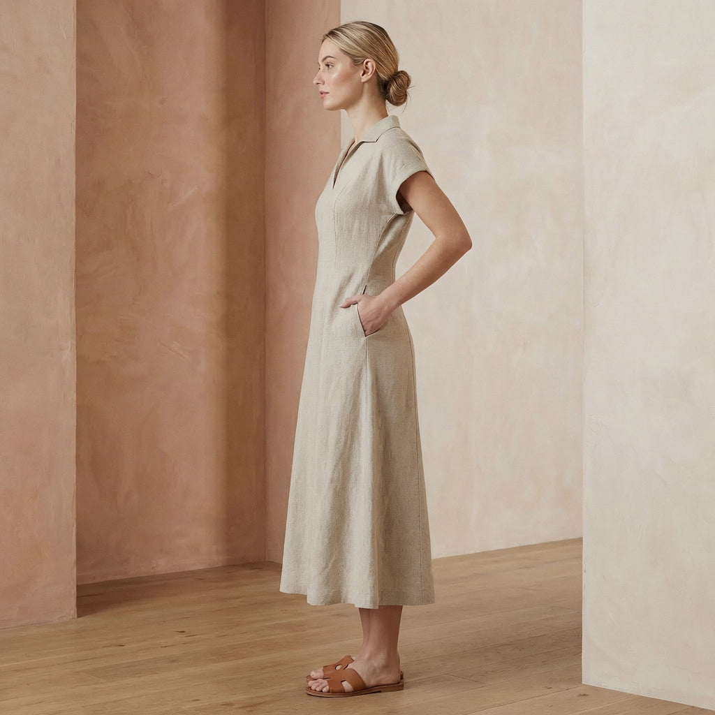 Beige Cotton Linen Paneled A-Line Midi Dress