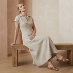 Beige Cotton Linen Paneled A-Line Midi Dress