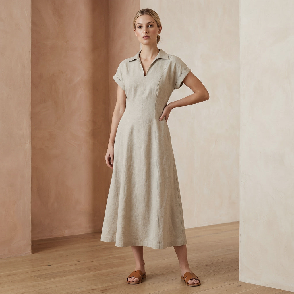 Beige Cotton Linen Paneled A-Line Midi Dress