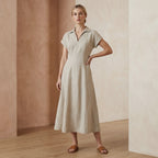 Beige Cotton Linen Paneled A-Line Midi Dress