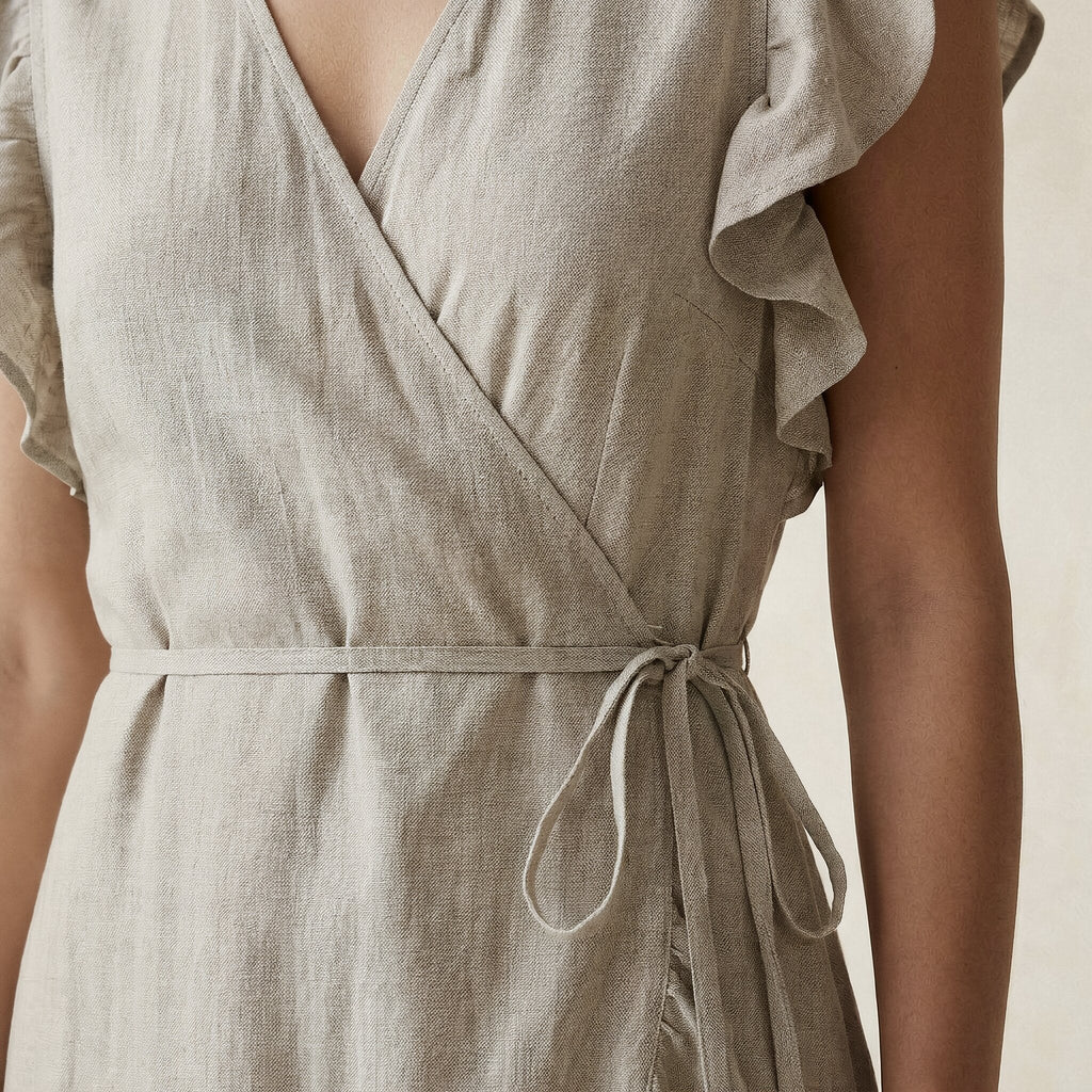 Beige Cotton Linen Ruffle Midi Wrap Dress