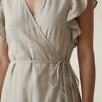 Beige Cotton Linen Ruffle Midi Wrap Dress