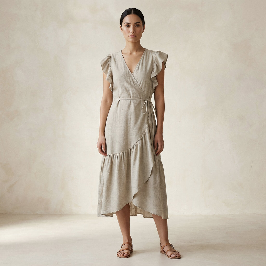 Beige Cotton Linen Ruffle Midi Wrap Dress