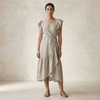 Beige Cotton Linen Ruffle Midi Wrap Dress