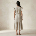Beige Cotton Linen Ruffle Midi Wrap Dress