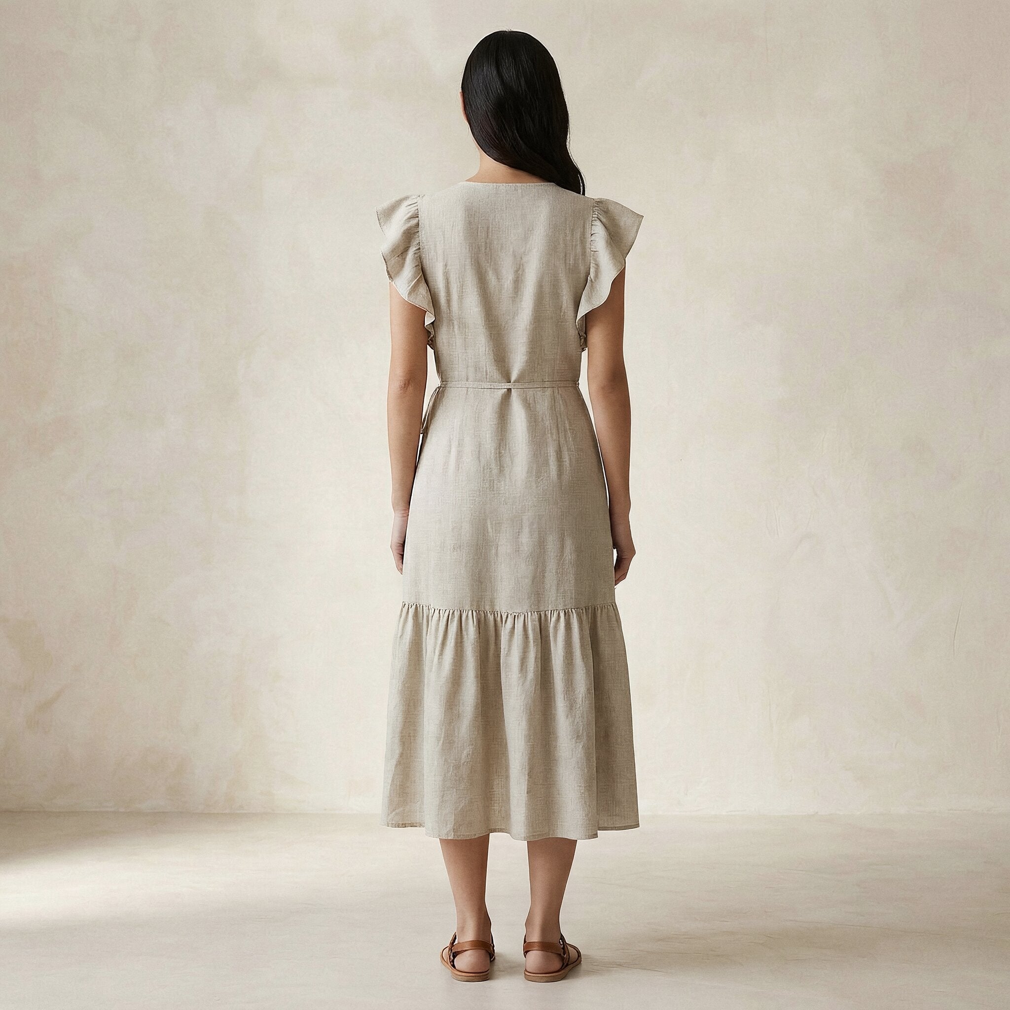 Beige Cotton Linen Ruffle Midi Wrap Dress